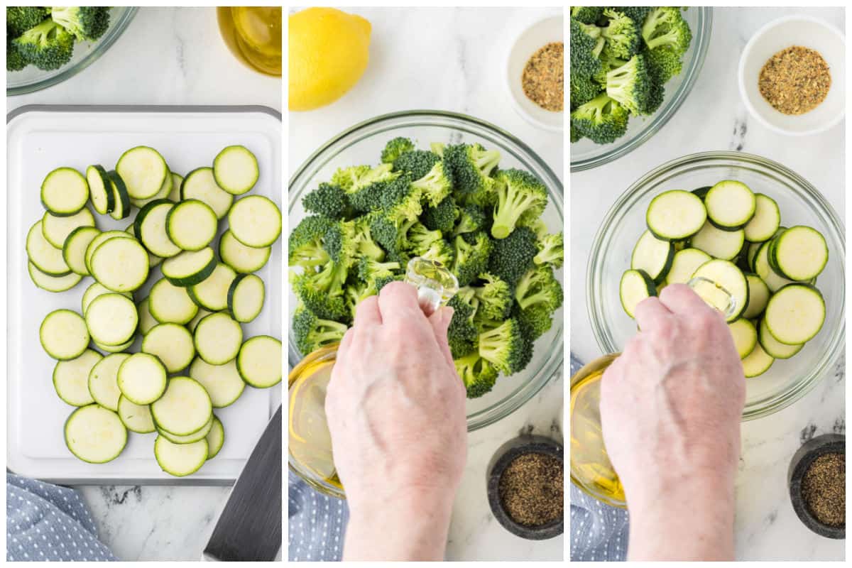 Olive oil poured onto sliced zucchini and broccoli.