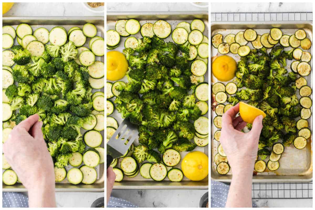 Broccoli and zucchini on a sheet pan being seasoning, flipping after roasting, then topped with fresh squeezed lemon.