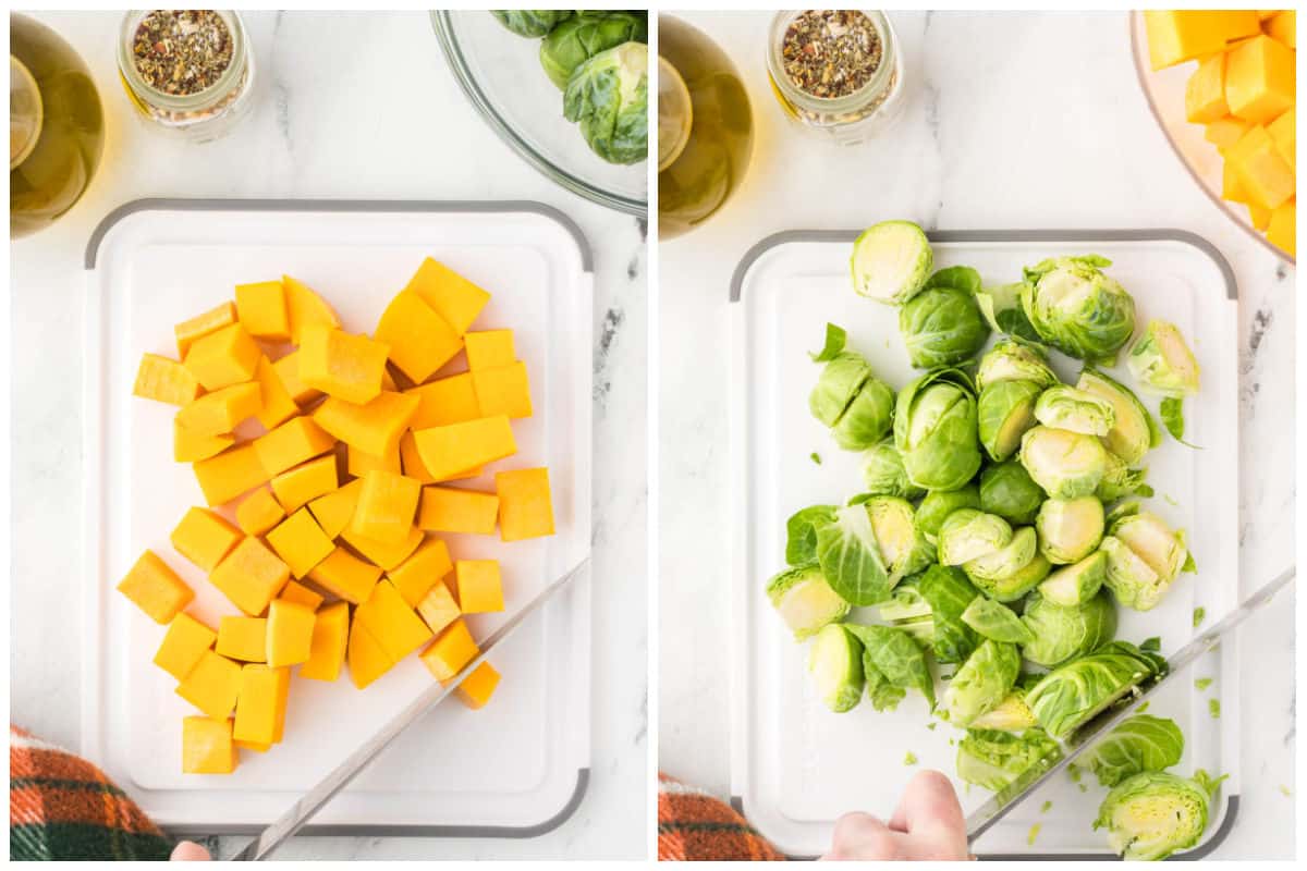 Diced butternut squash and brussels sprouts on a cutting board.