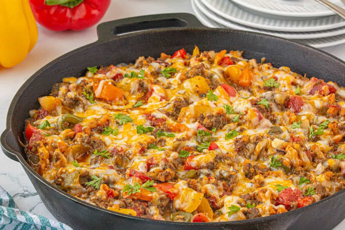 Stovetop stuffed pepper casserole in a skillet, ready to enjoy.