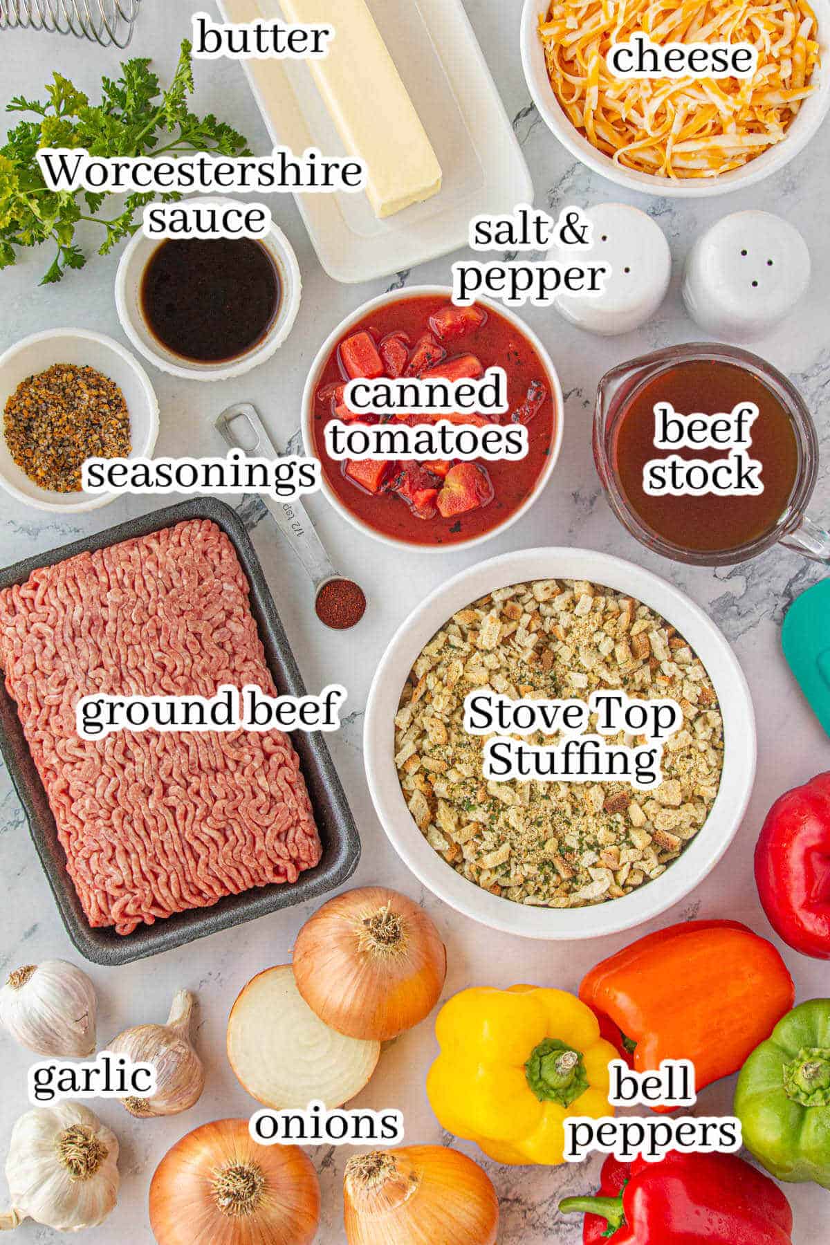 All of the ingredients needed to make the stove top casserole recipe. With print overlay for clarification.