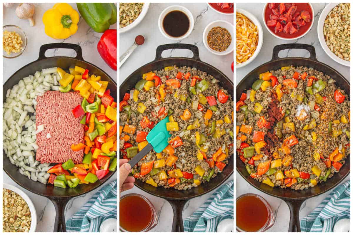 Ground beef in a skillet being sauteed with onions and bell peppers. Next, it's seasoned and continues to saute.