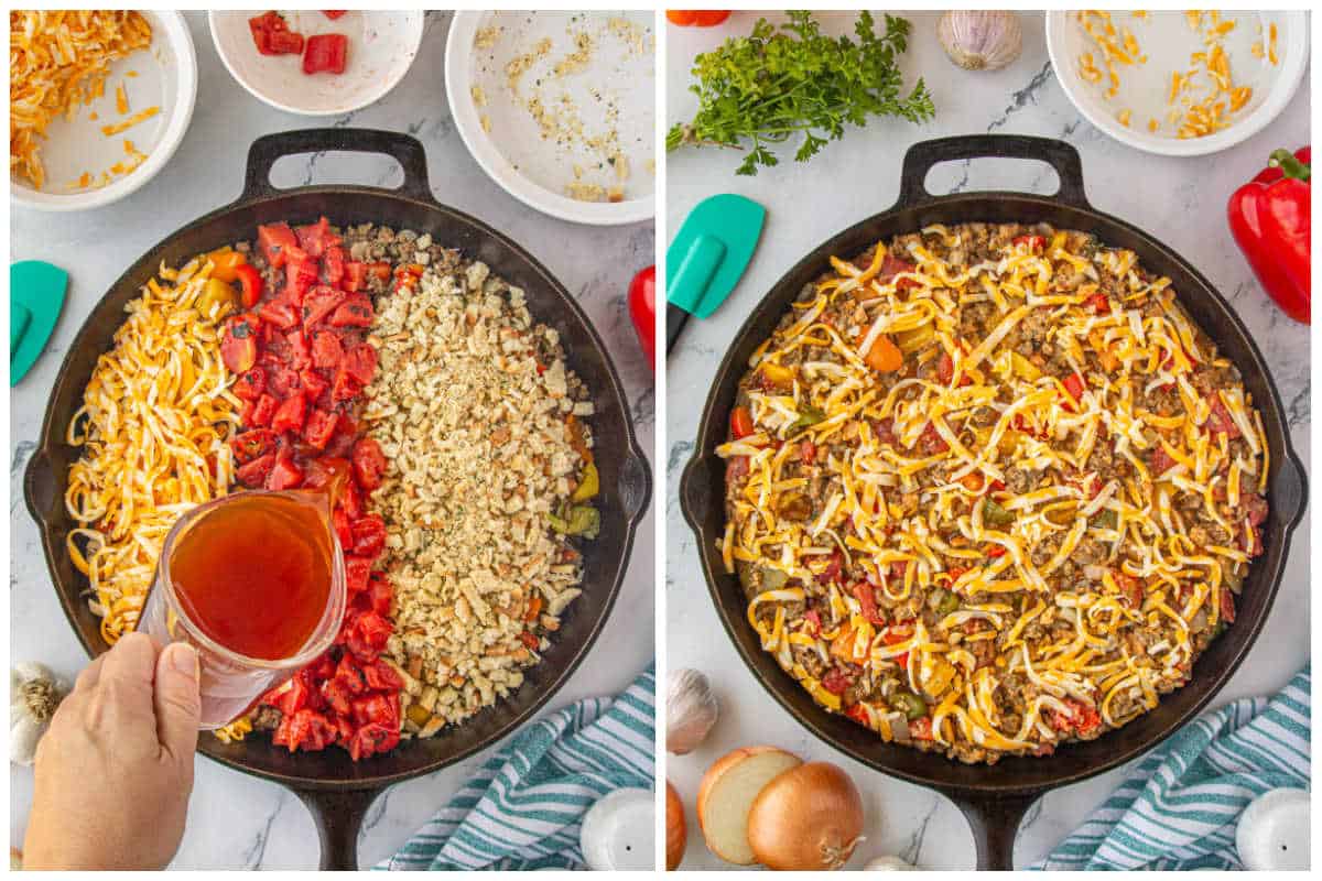 Seasoned ground beef in a skillet, with cheese, stuffing mix, and diced tomatoes, and beef stock stirred in. Then topped with cheese.