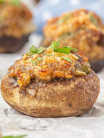 Stuffed mushroom appetizers on a platter.