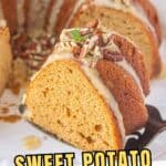 A slice of sweet potato bundt cake, with a creamy glaze.