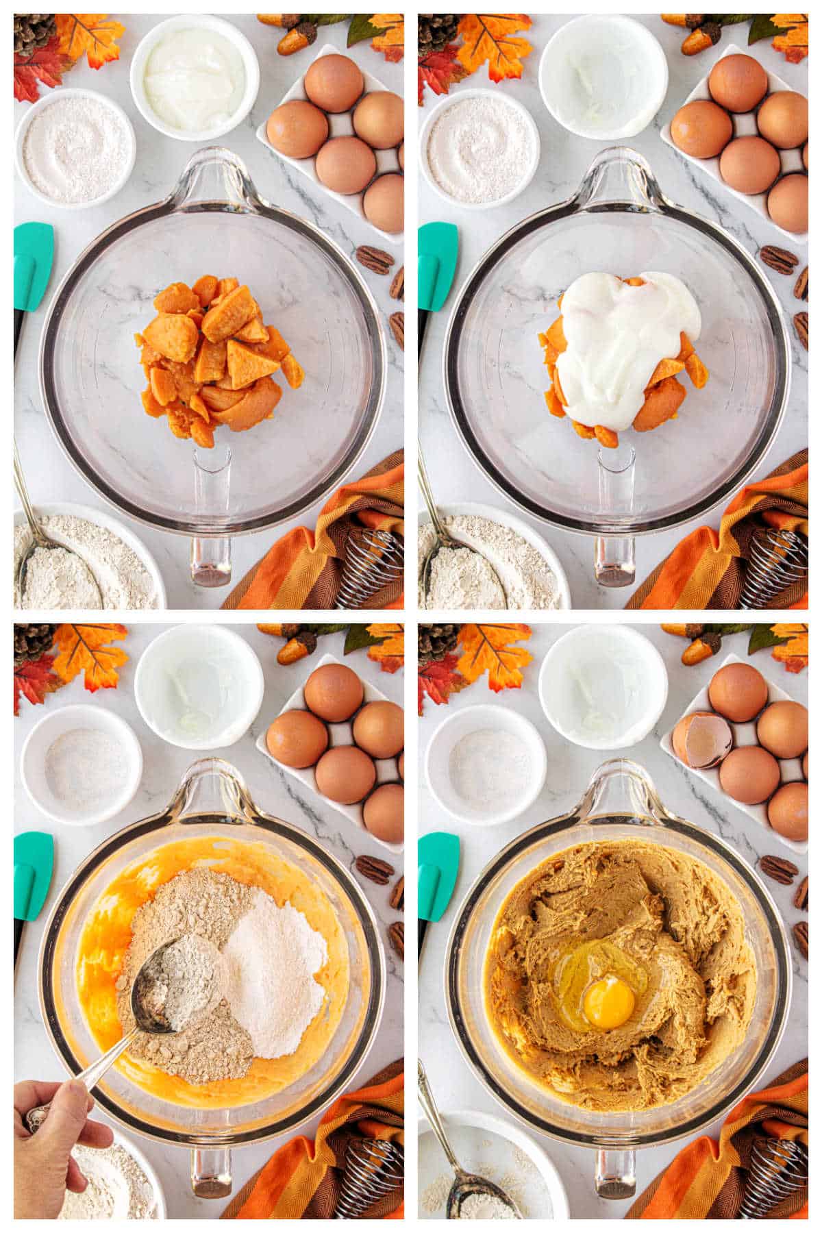 Sweet potatoes and yogurt being combined in a mixing bowl. Then spice cake mix and an egg is added and mixed until cream.