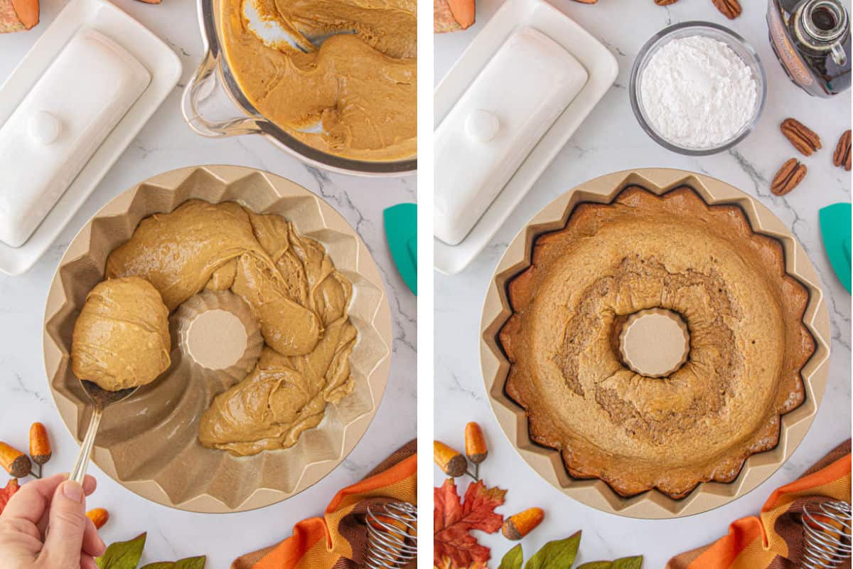 Cake batter being spooned into a bundt pan and then baked.