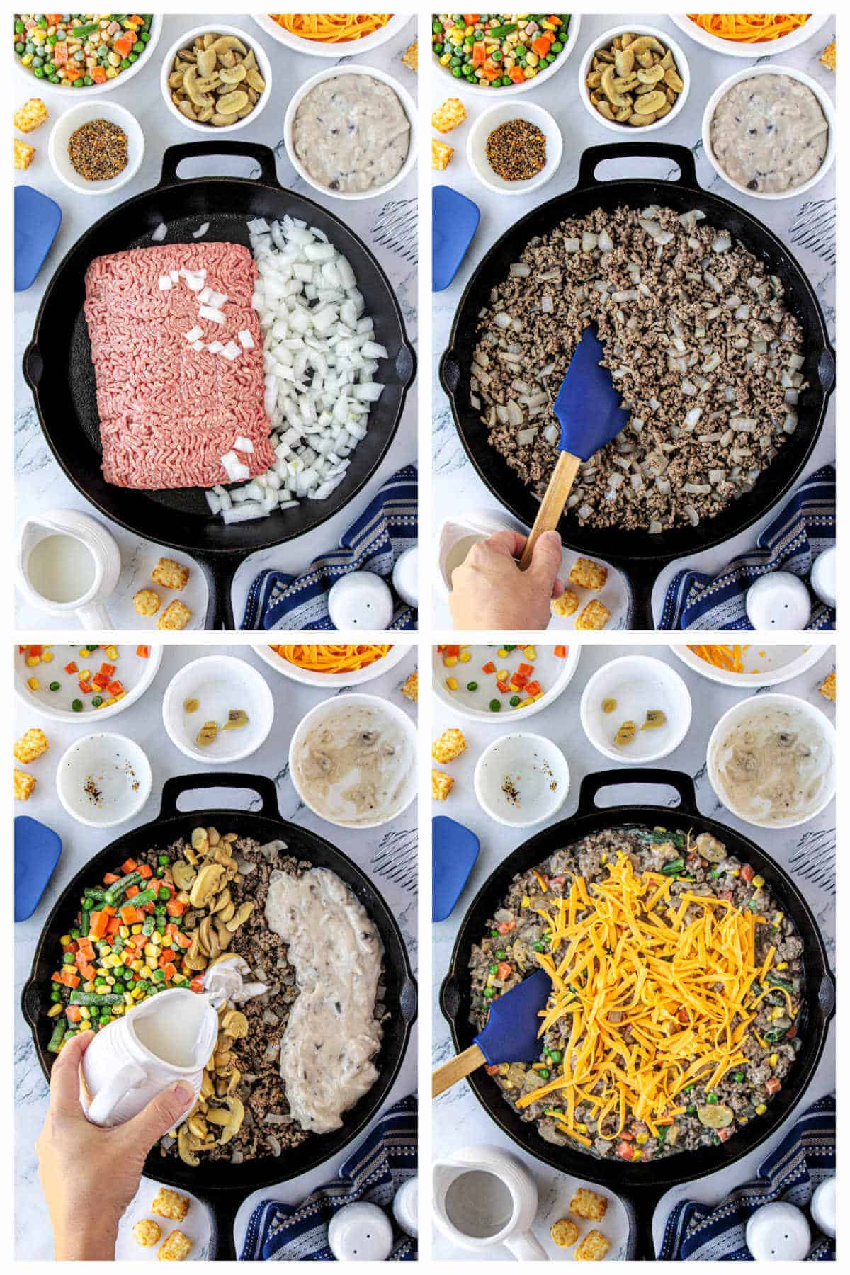 Ground beef being browned in a cast iron skillet. Then vegetables, milk, cream soup and cheese are added and mixed together.