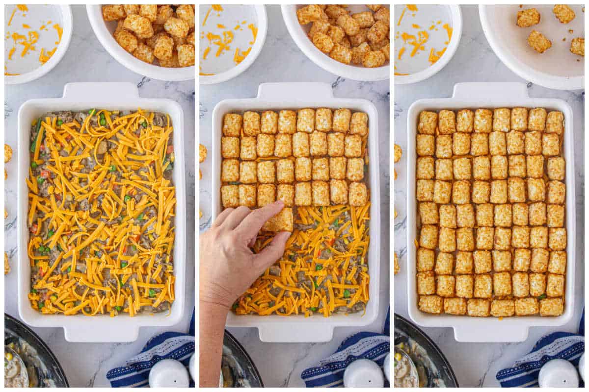 A cheesy shepherds pie casserole in a baking dish being topped with tater tots.