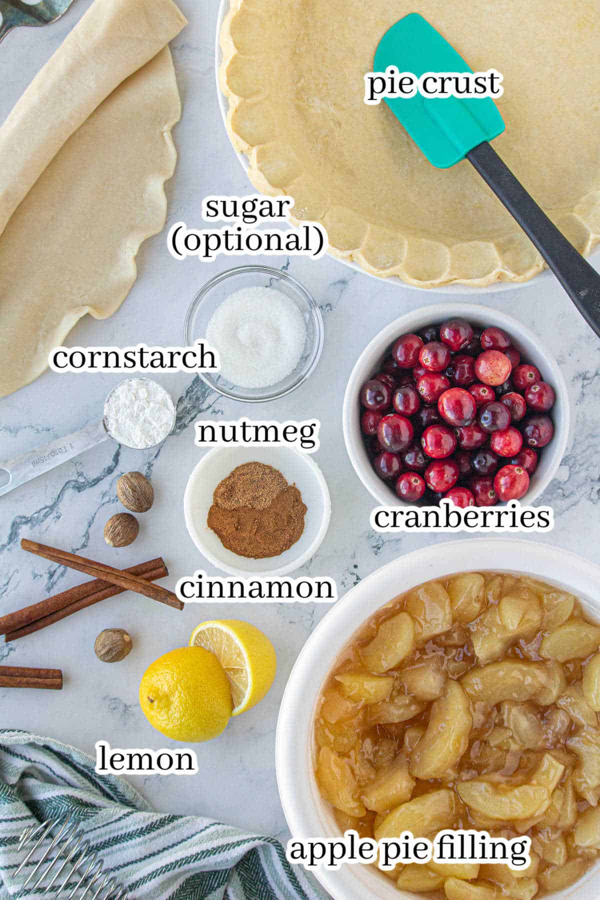 All of the ingredients to make the pie recipe. With print overlay for clarification.