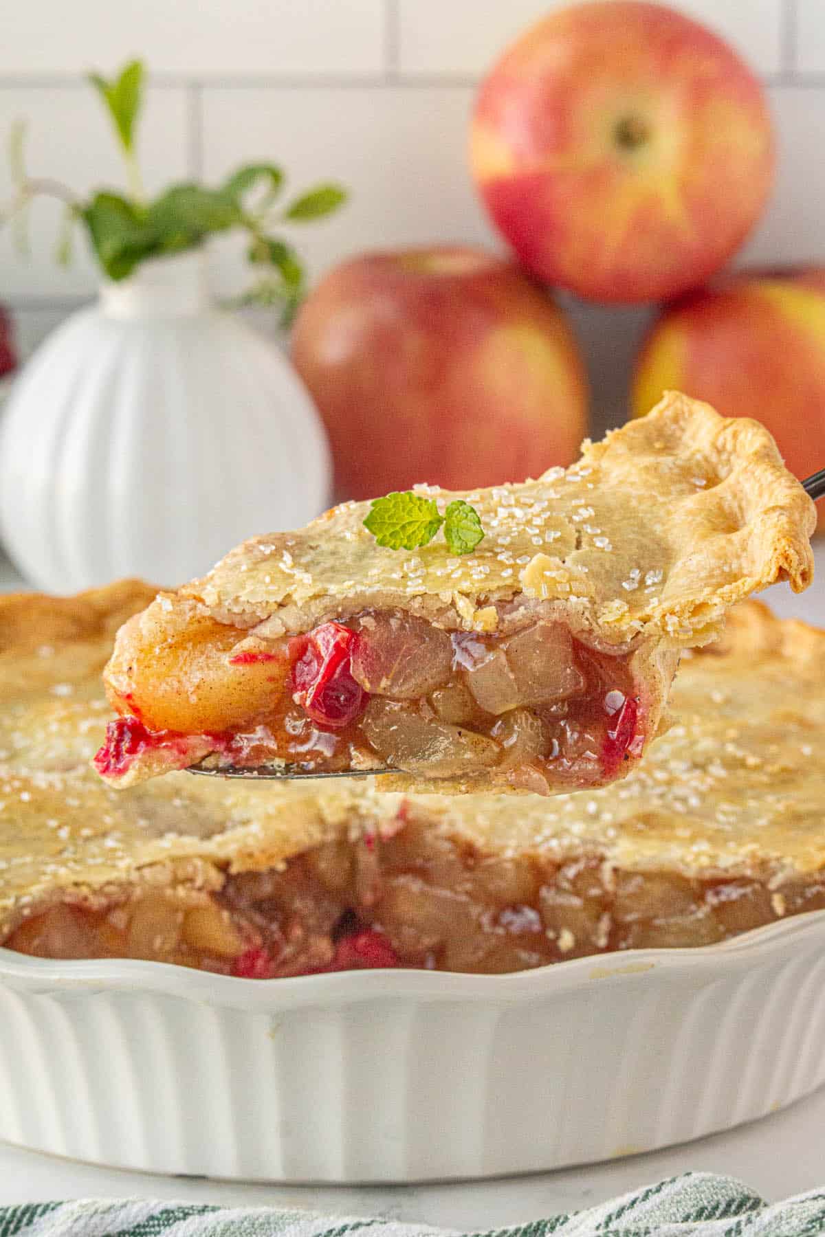 A slice of Apple Cranberry Pie from a freshly baked pie.