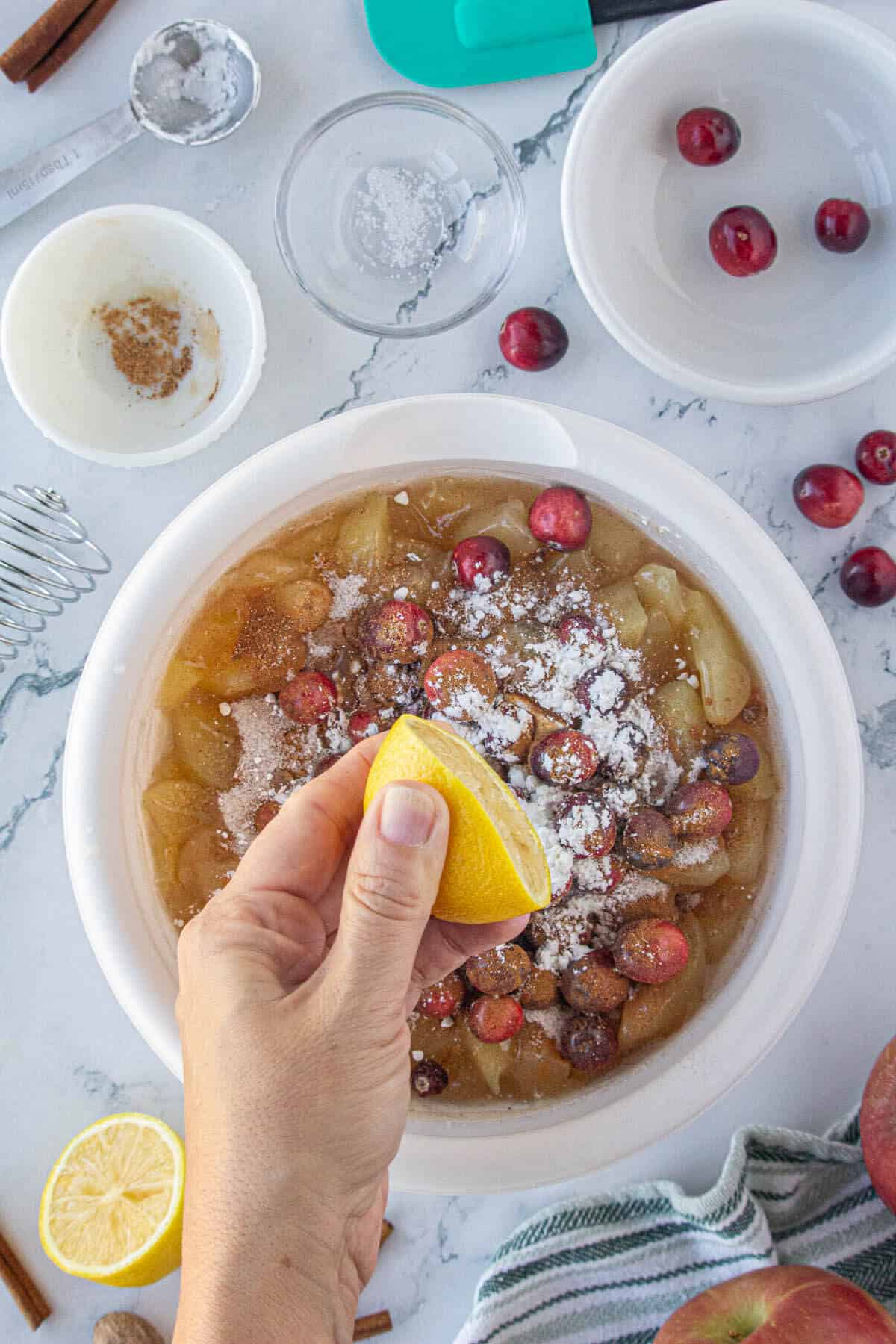 Cranberries, cinnamon, nutmeg and lemon added to the apple pie filling.