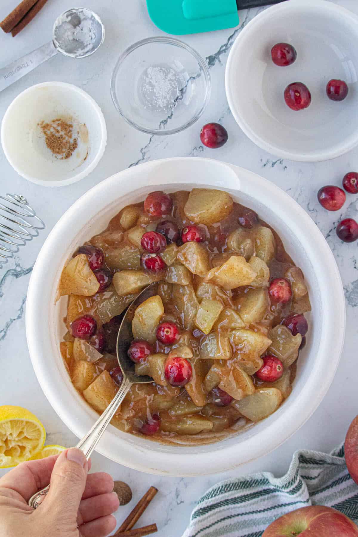 All of the filling ingredients mixed together in a big white bowl.