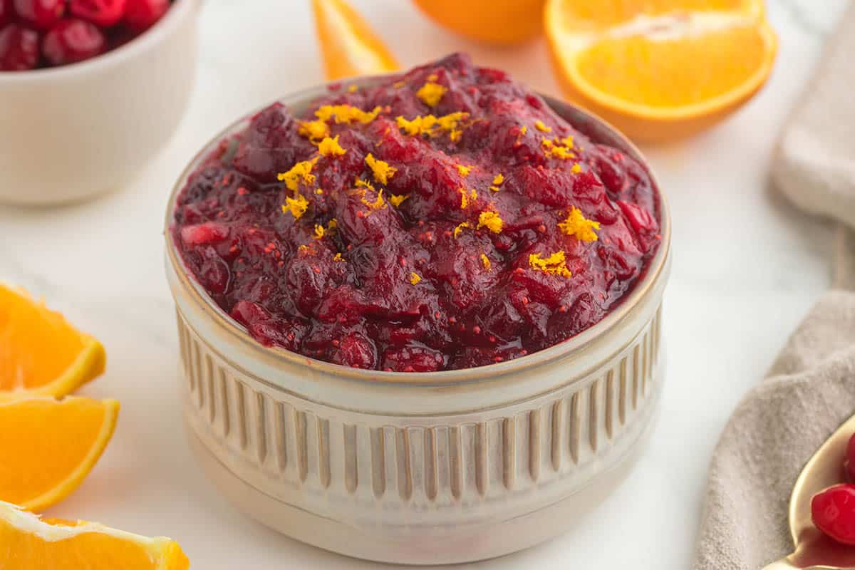 Homemade Cranberry Orange Apple Sauce in a bowl.