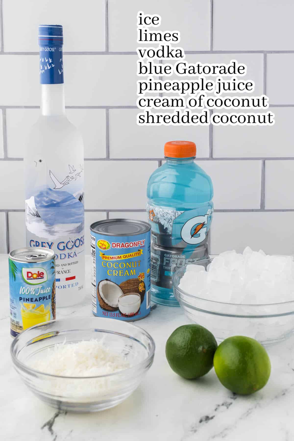 All of the ingredients needed to make the cocktail recipe. With print overlay for clarification.