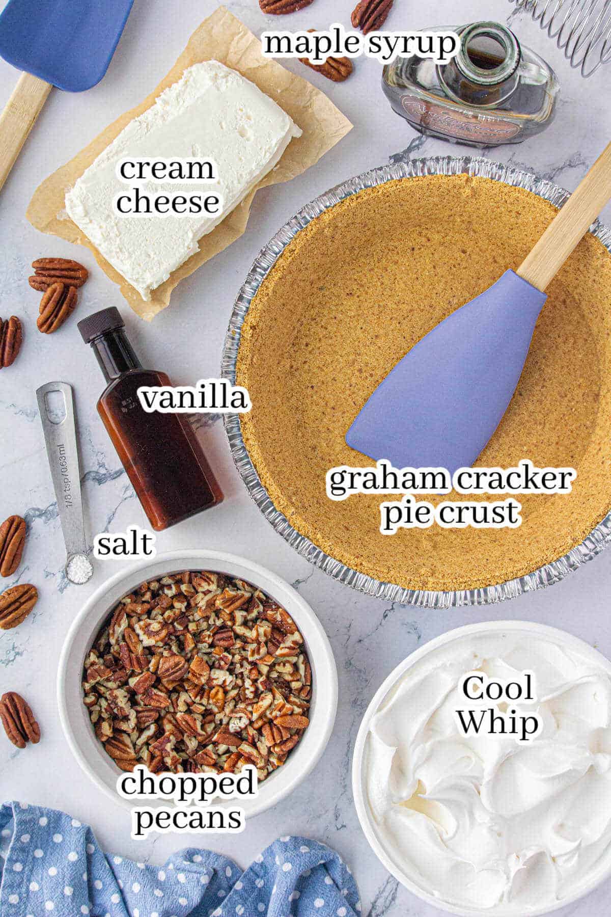 All of the ingredients needed to make the No Bake Pecan Cream Pie Recipe. With print overlay for clarification.