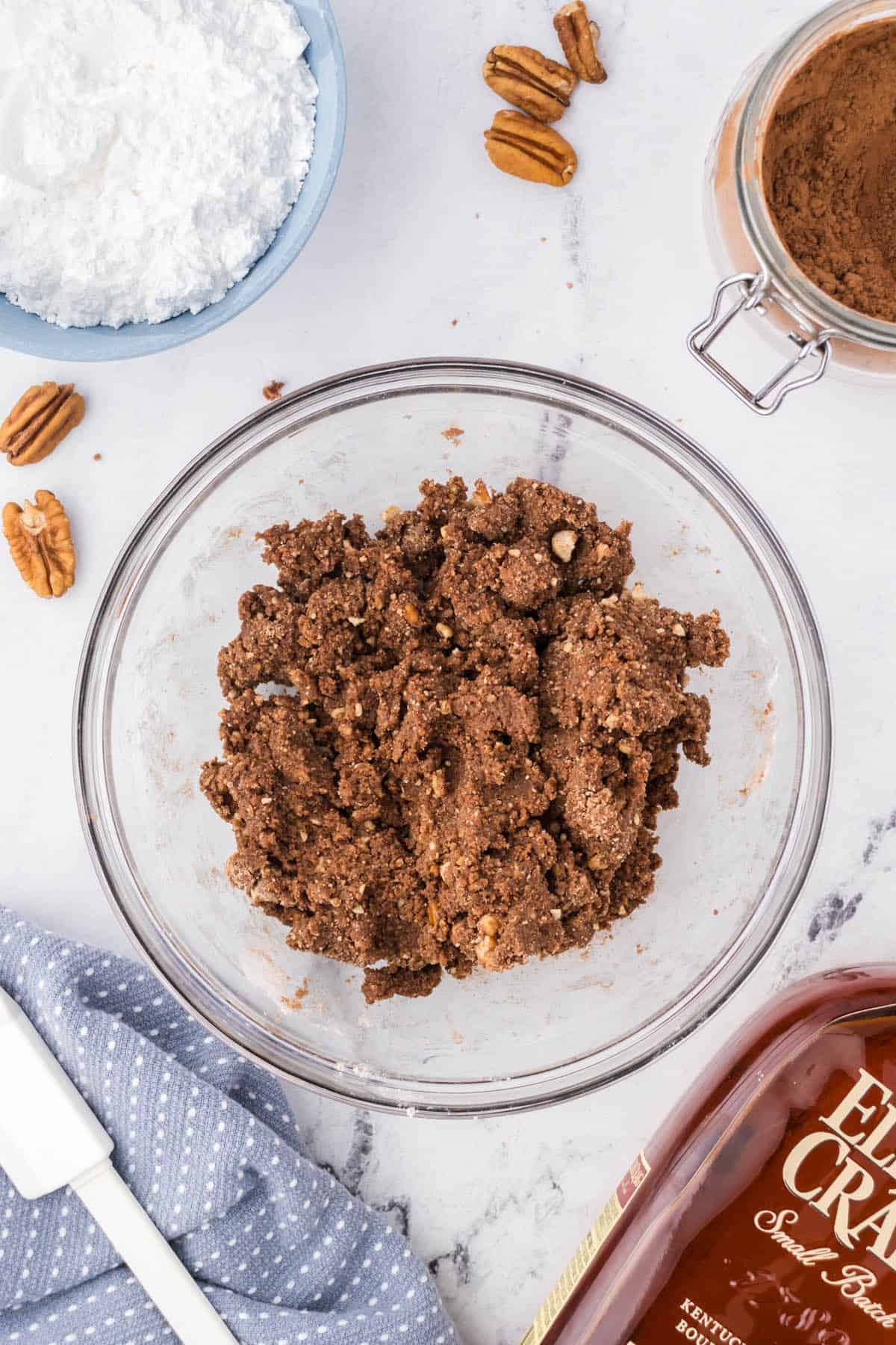 Bourbon ball dough in a large mxing bowl.