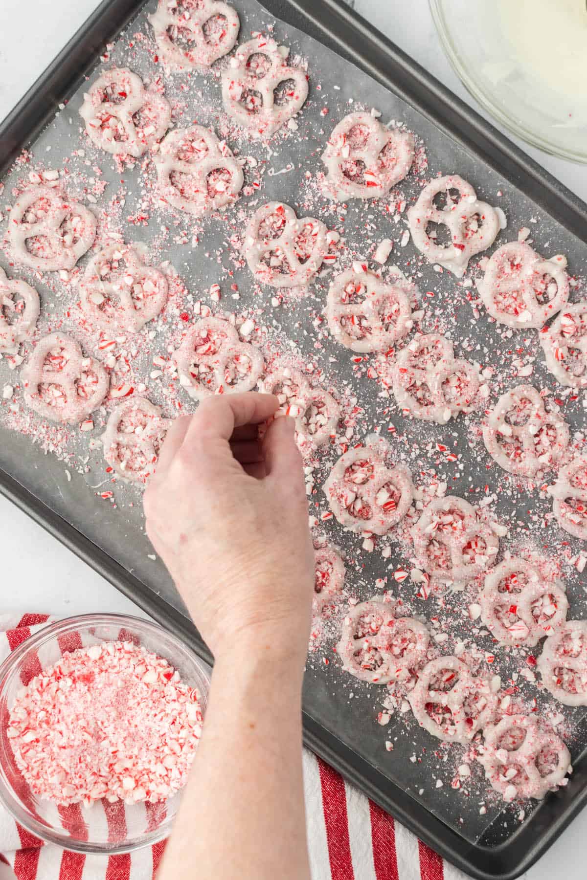 Pretzel coated in white chocolate and topped with crushed candy canes on a cookie sheet.