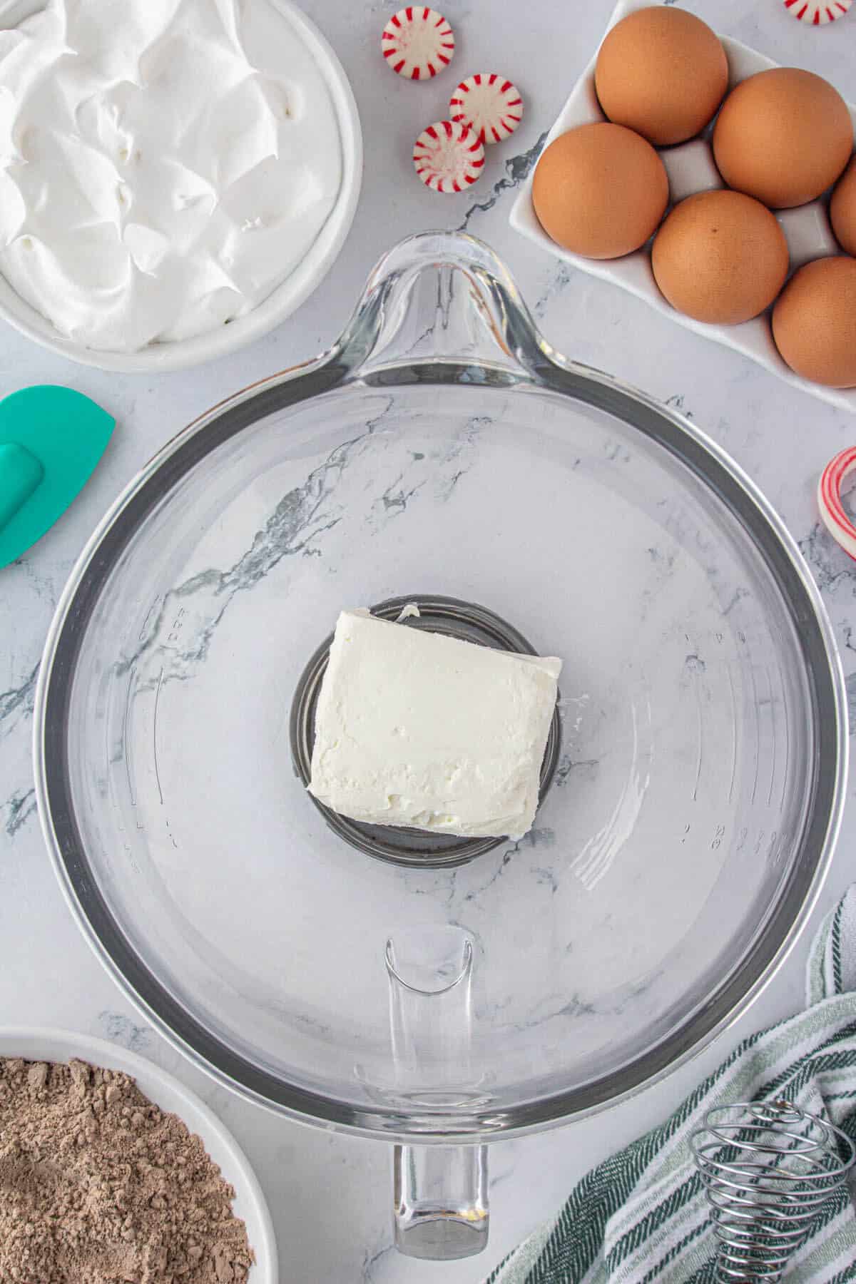 Cream cheese in a mixing bowl.