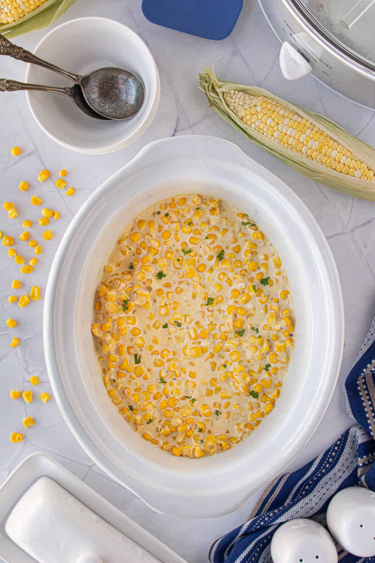 Hot and bubbly slow cooker creamed corn in a crockpot.