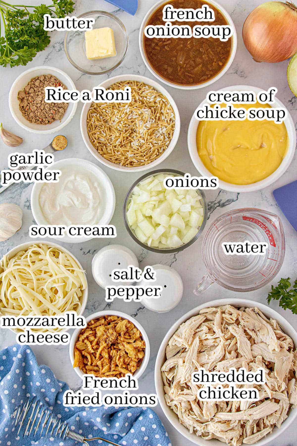 All of the ingredients to make the casserole dish, with print overlay for clarification.