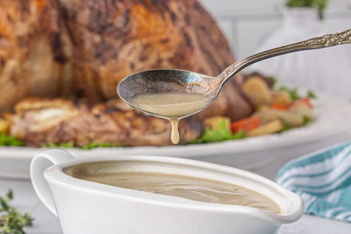 Gravy in a boat, ready to pour over mashed potatoes or sliced turkey.