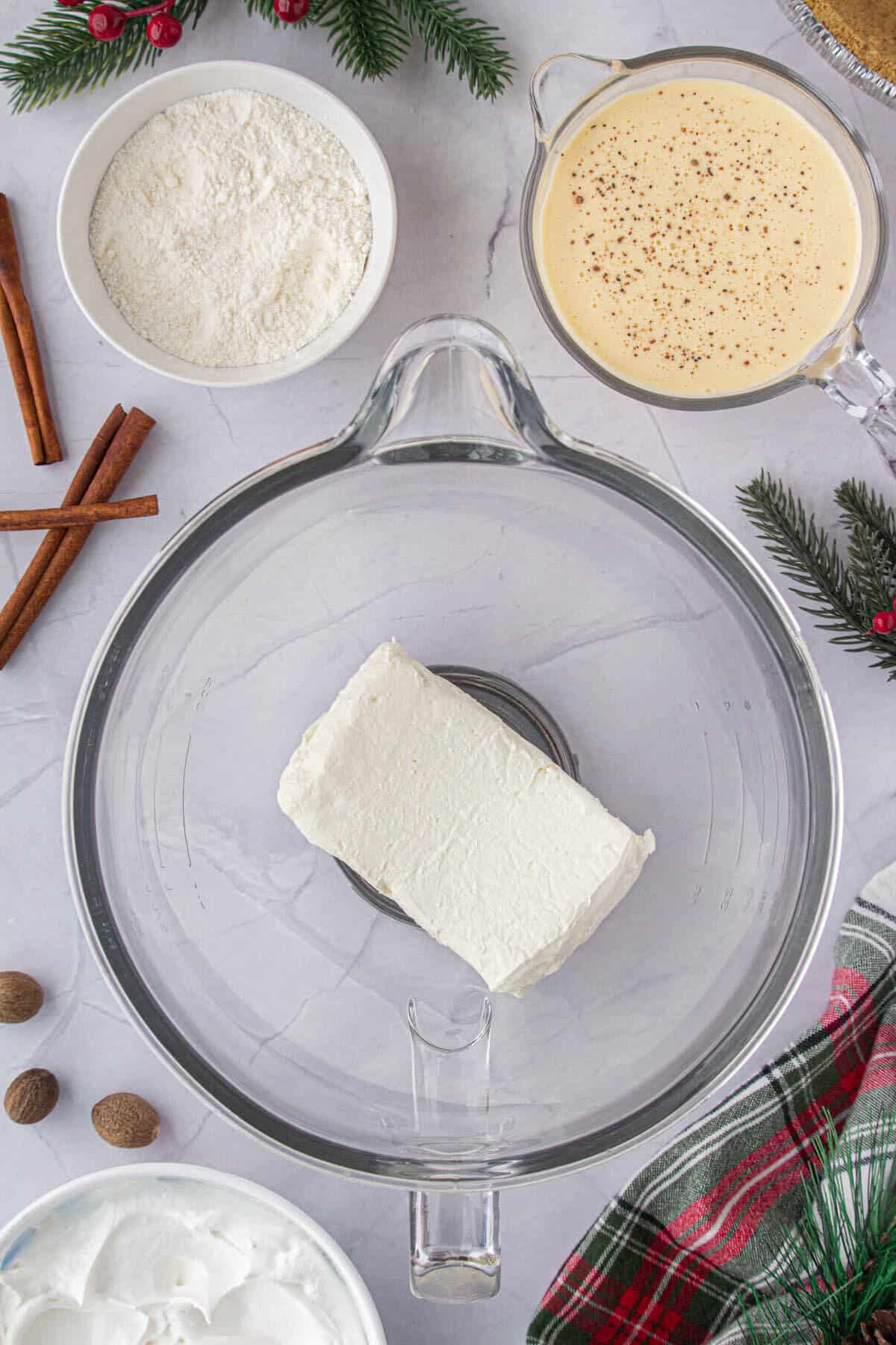 Cream cheese in a mixing bowl.