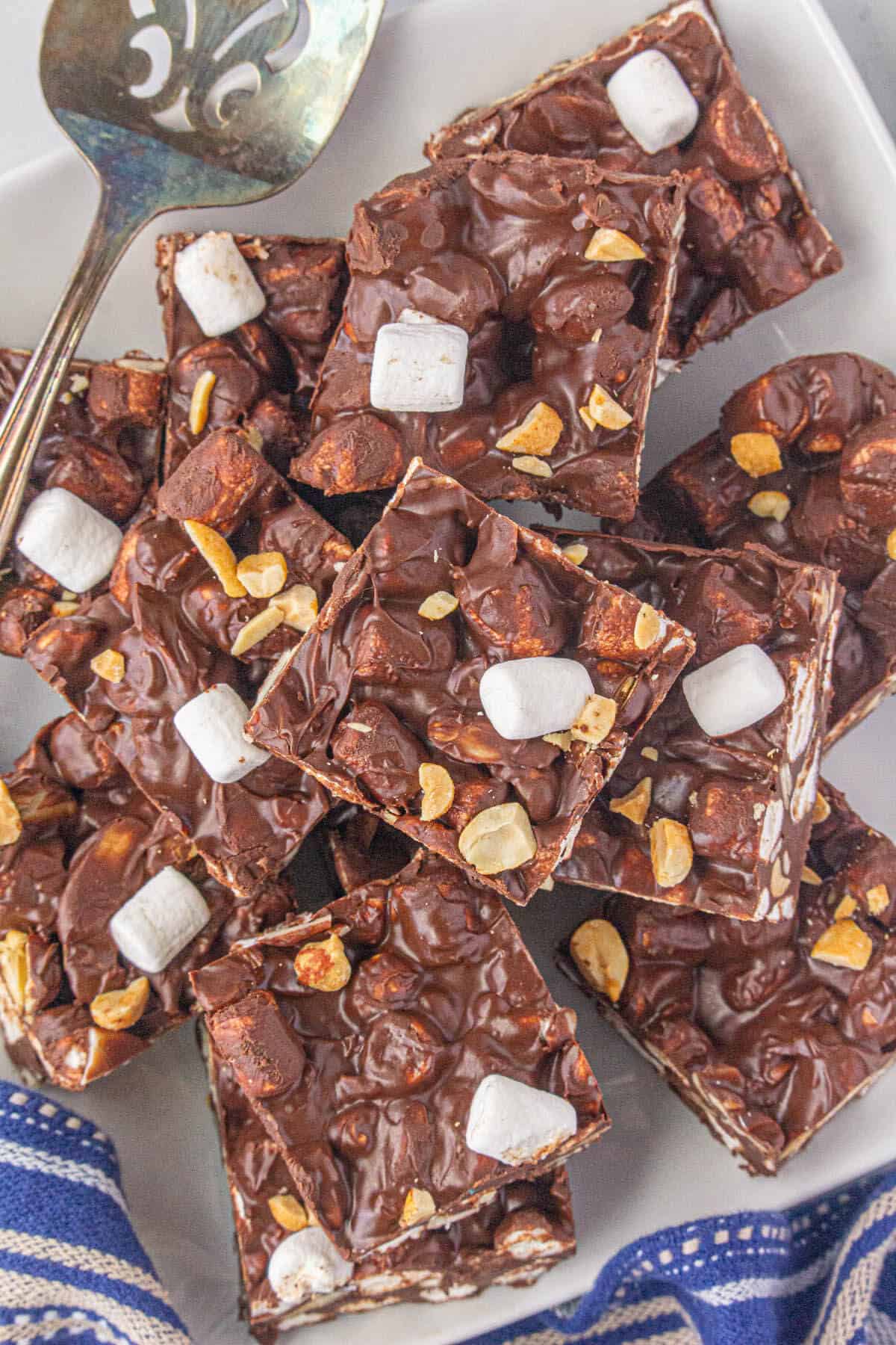 Rocky Road Fudge cut into little sauares and laying on a platter.