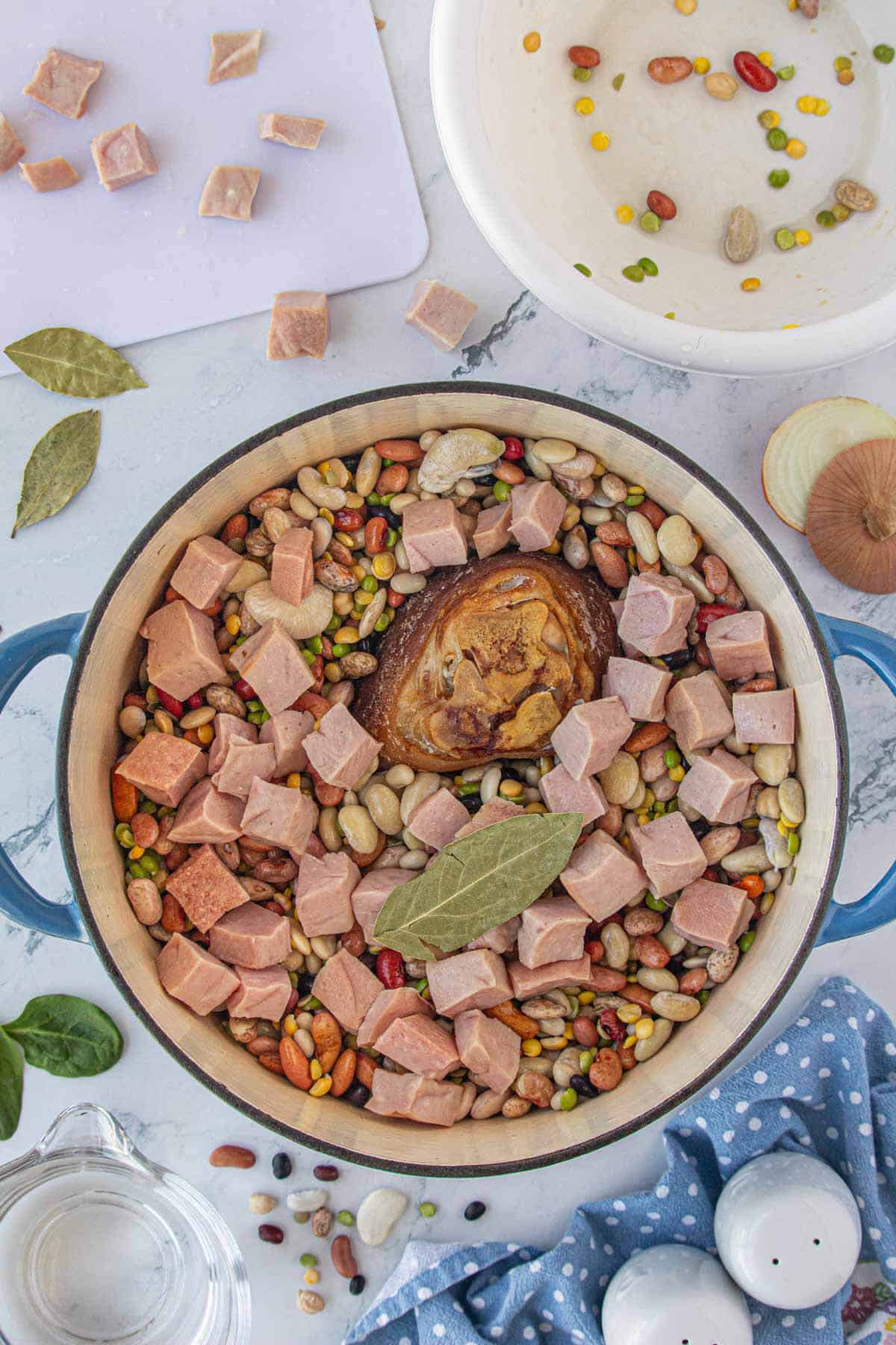 Beans, vegetables and ham in a large stock pot.