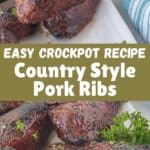 BBQ pork ribs on platter and with a serving tong. With print overlay for Pinterest.