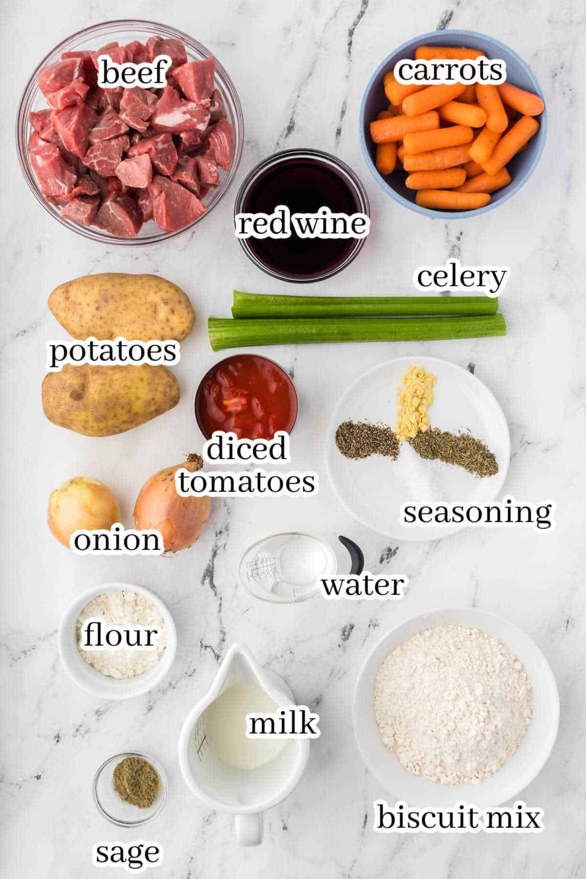 Ingredients to make Crockpot Beef Stew. With print overlay for clarification.