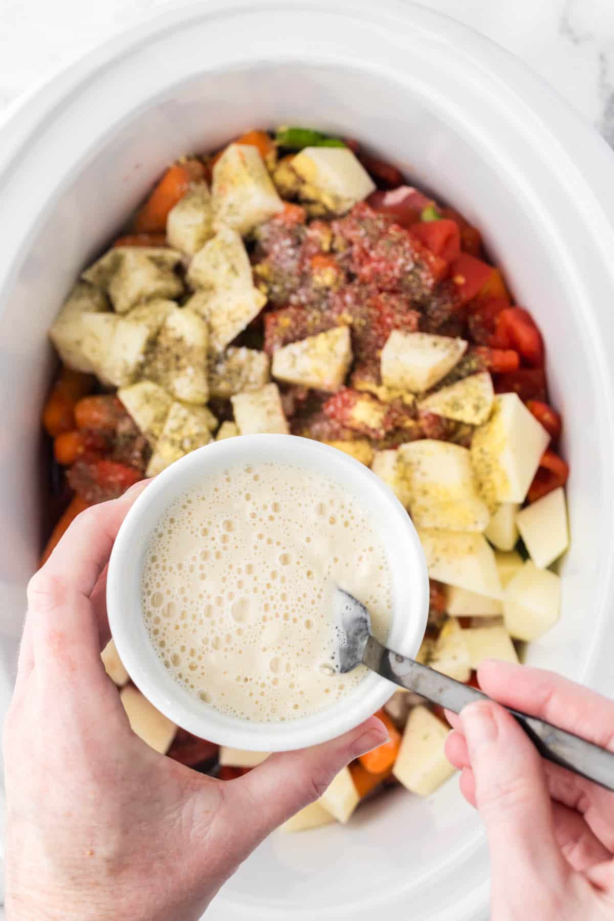 A slurry added to a beef stew mixture to thicken it while cooking.