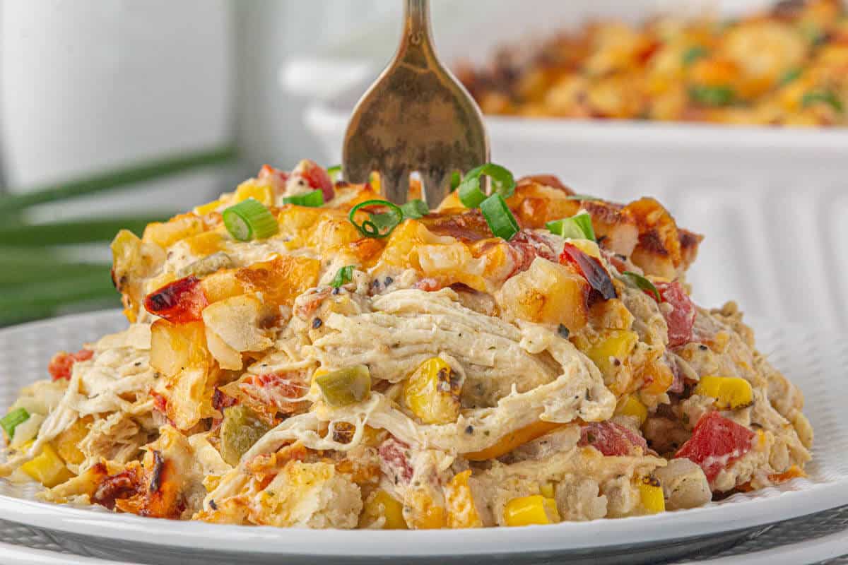 A large helping of casserole dish on a plate with a fork.