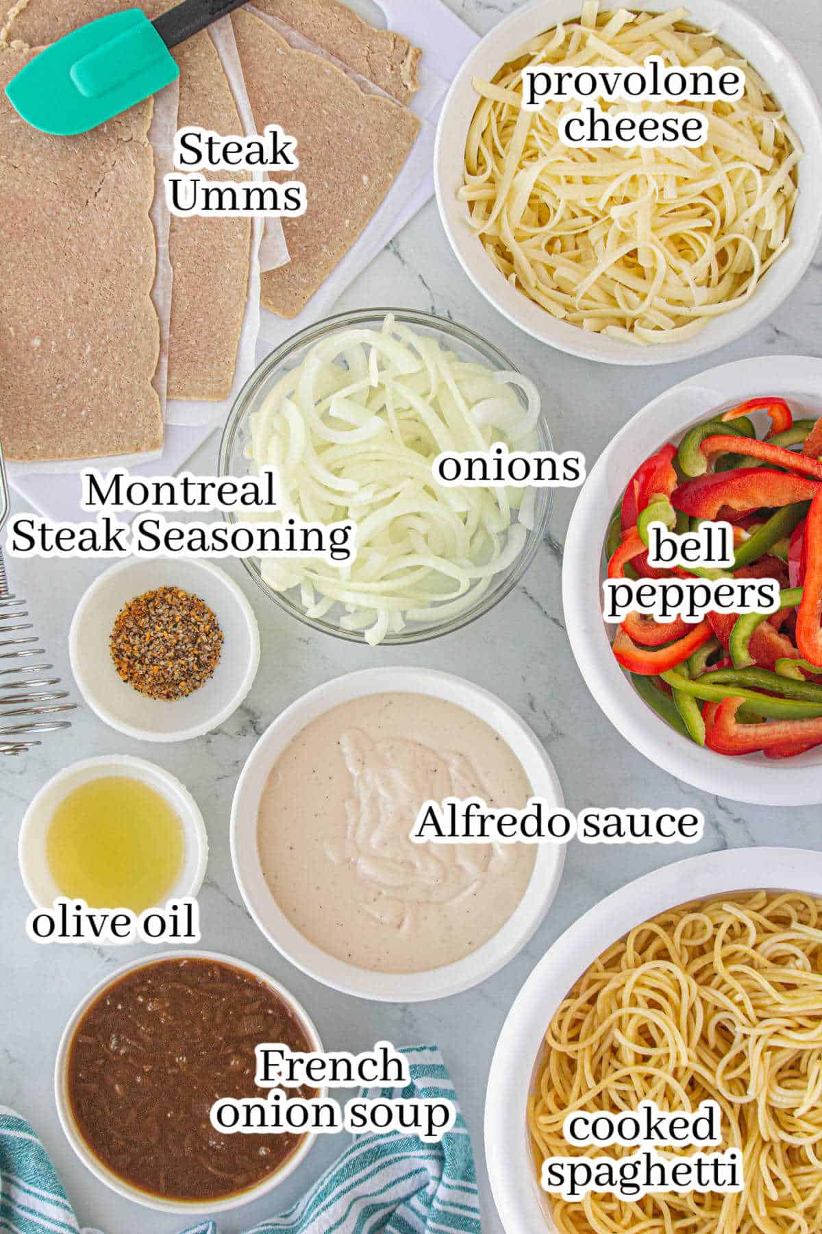 All of the ingredients needed to make the pasta recipe. With print overlay for clarification.