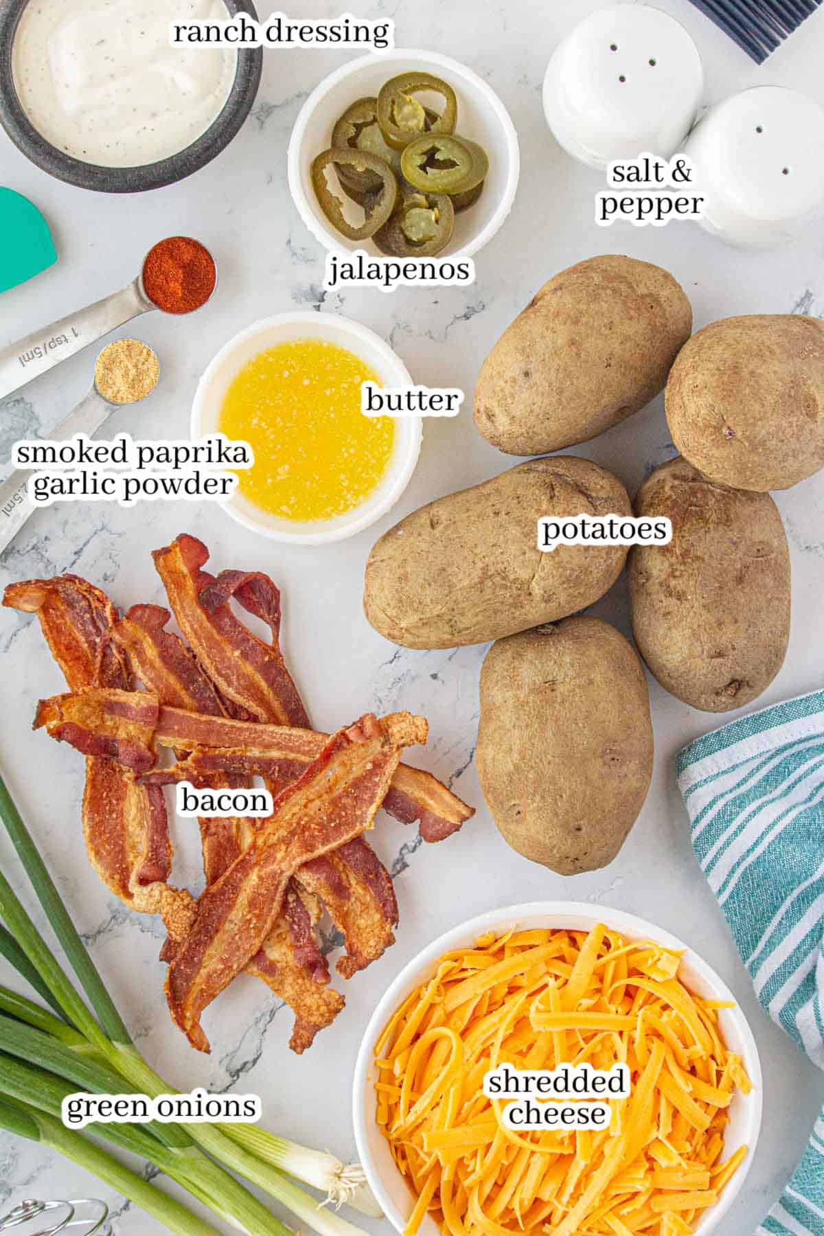 All of the ingredients to make the appetizer recipe, with print overlay for clarification.