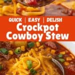 Crockpot cowboy stew in bowls and a spoon with a spoonful of soup. With print overlay for Pinterest.