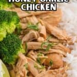 A plate rice topped with honey garlic chicken and served with a side of broccoli. With Pinterest overlay.
