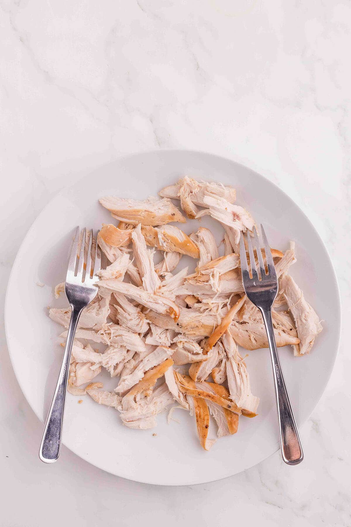 Shredded chicken on a plate, with two forks on the side that have been used to shred the chicken.