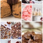 A collage of photos of homemade chocolate gifts; candy and cookies.