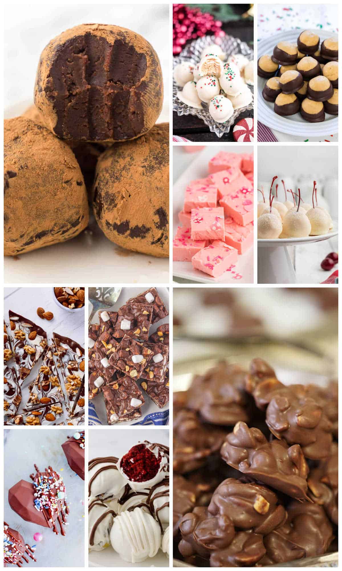 A collage of photos of homemade chocolate gifts; candy and cookies.