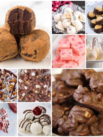 A collage of photos of chocolate candy and cookies. These wonderful homemade chocolate gifts are made from scratch treats!