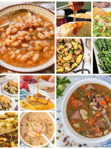 A collage of photos of what to serve with navy bean soup. It includes breads, rolls, salads and vegetables.