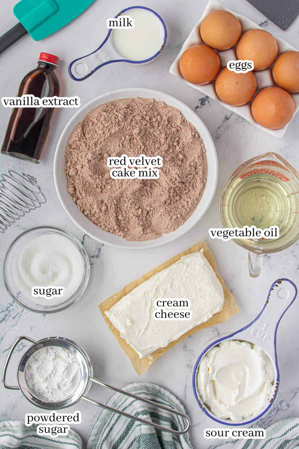 Ingredients needed to make the red velvet loaf recipe. With print overlay for clarification.