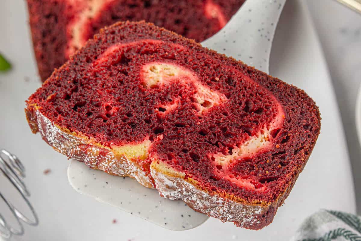 Sliced copycat Starbucks red velvet loaf, ready to serve.