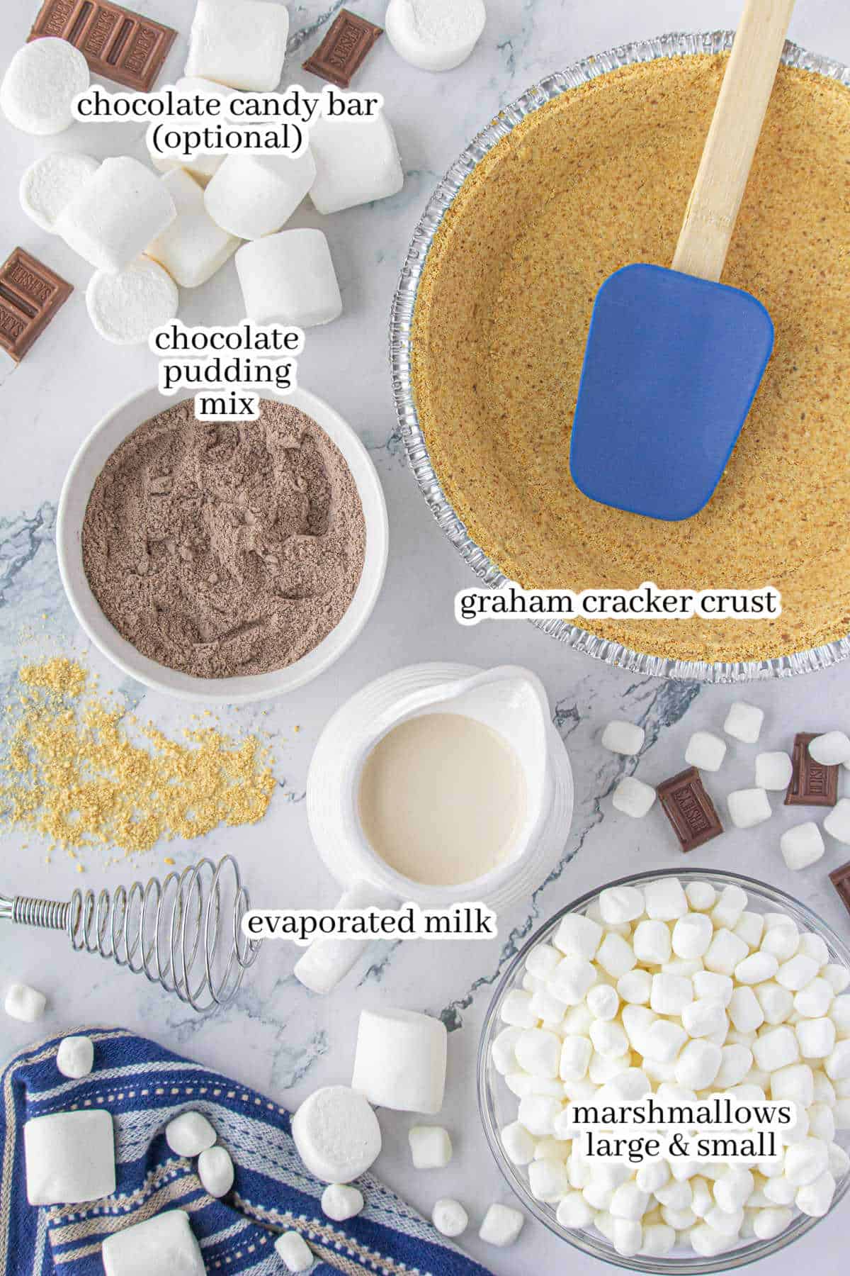 All of the ingredients needed for the dessert recipe. With print overlay for clarification.