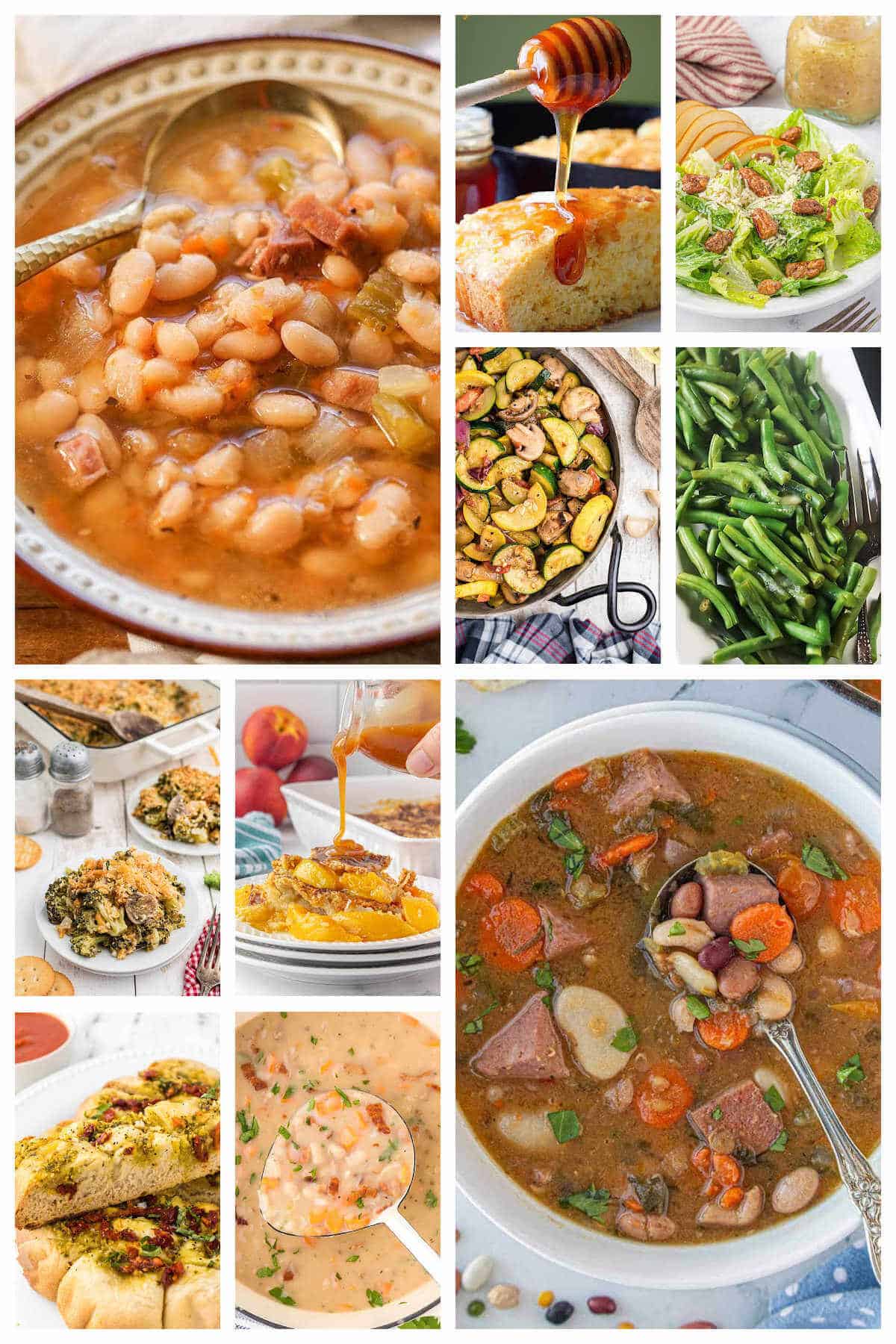 A collage of photos of what to serve with navy bean soup. It includes breads, rolls, salads and vegetables.