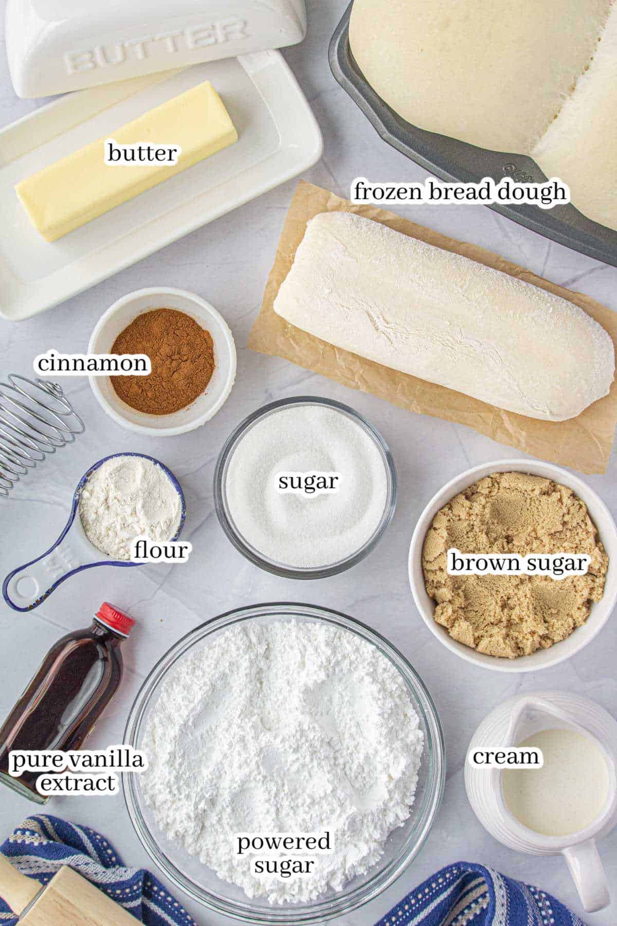 All of the ingredients to make cinnamon rolls from frozen bread dough. With print overlay for clarification. 