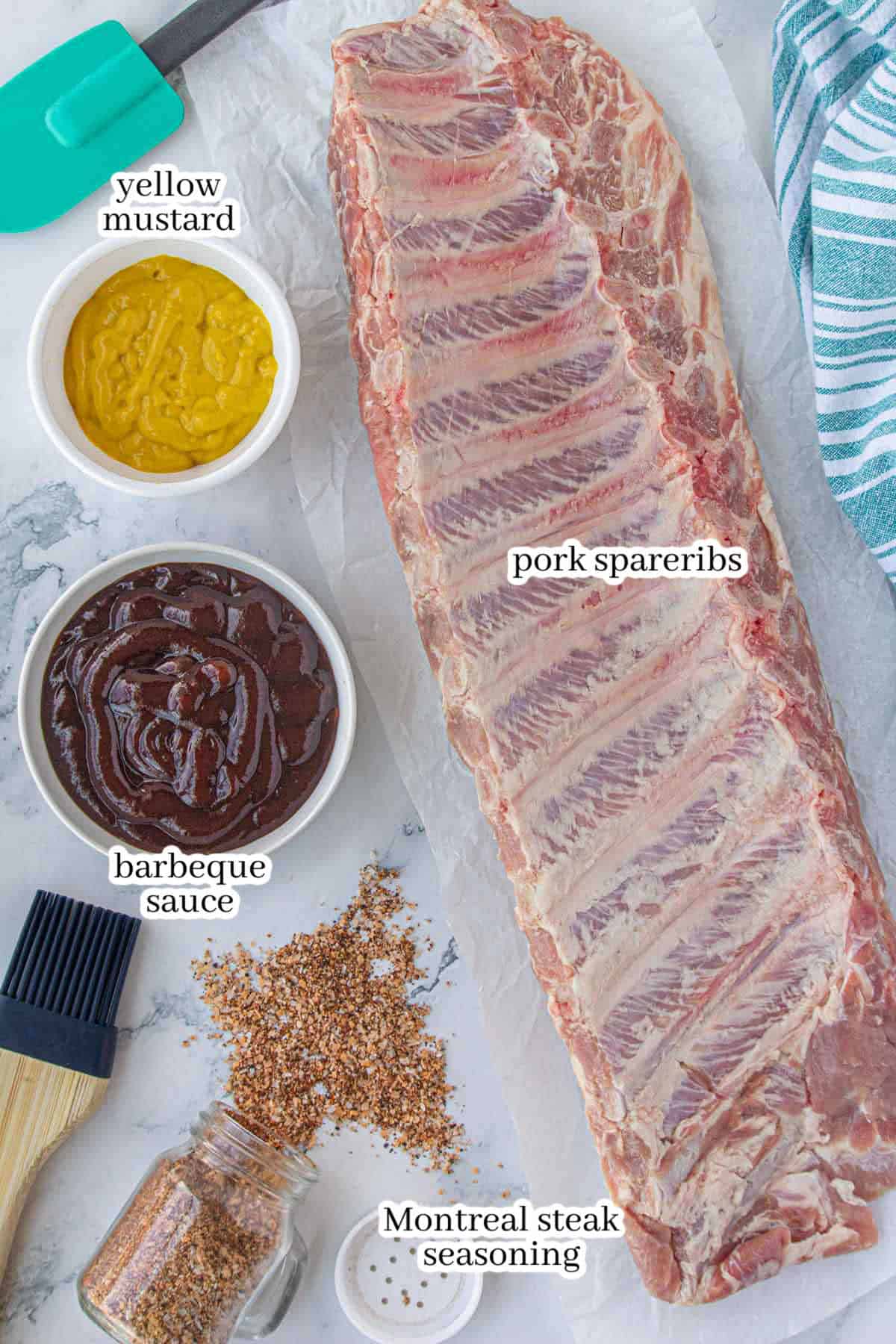 All of the ingredients needed to make the pork spareribs. With print overlay for clarification.