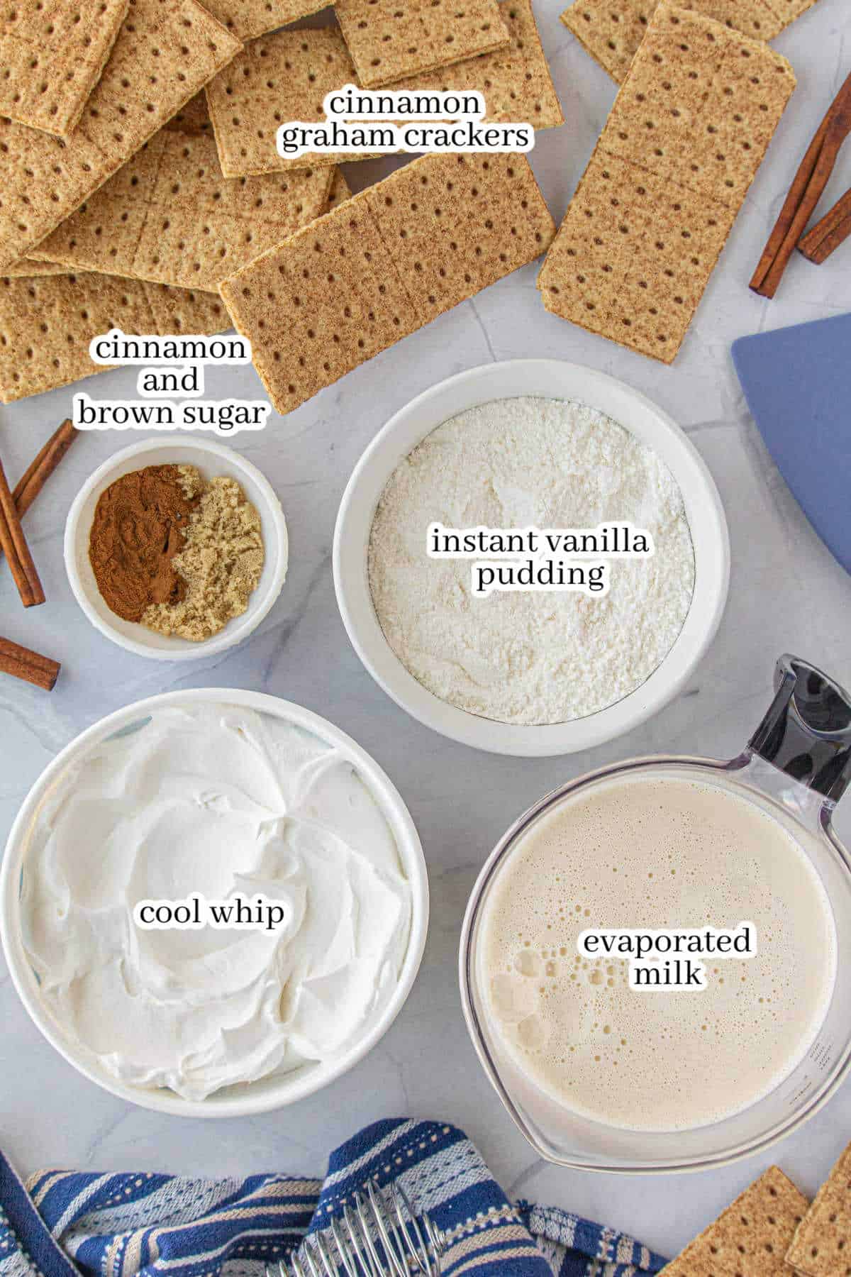 All of the ingredients needed to make the Snickerdoodle Icebox Graham Cracker Cake. With print overlay for clarification.