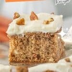 A single slice of moist carrot cake blondie with cream cheese frosting and chopped pecans on top, held up with a spatula. Text overlay reads “Cake Mix Carrot Cake Blondies – Family Favorite!” with website URL bowl-me-over.com.